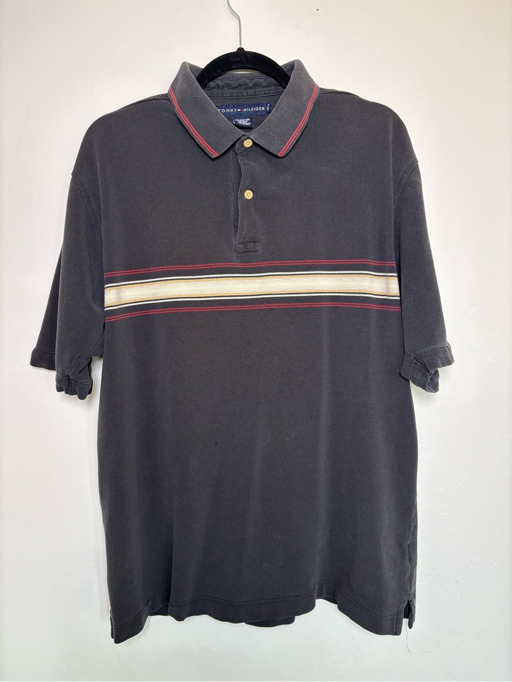 Vintage Y2K Tommy Hilfiger Black Red White Horizontal Stripe Polo Shirt XL